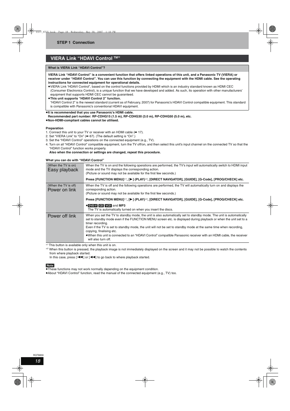 Viera link “hdavi control, Easy playback, Power on link | Power off link | Panasonic DMR-EX77 User Manual | Page 18 / 88