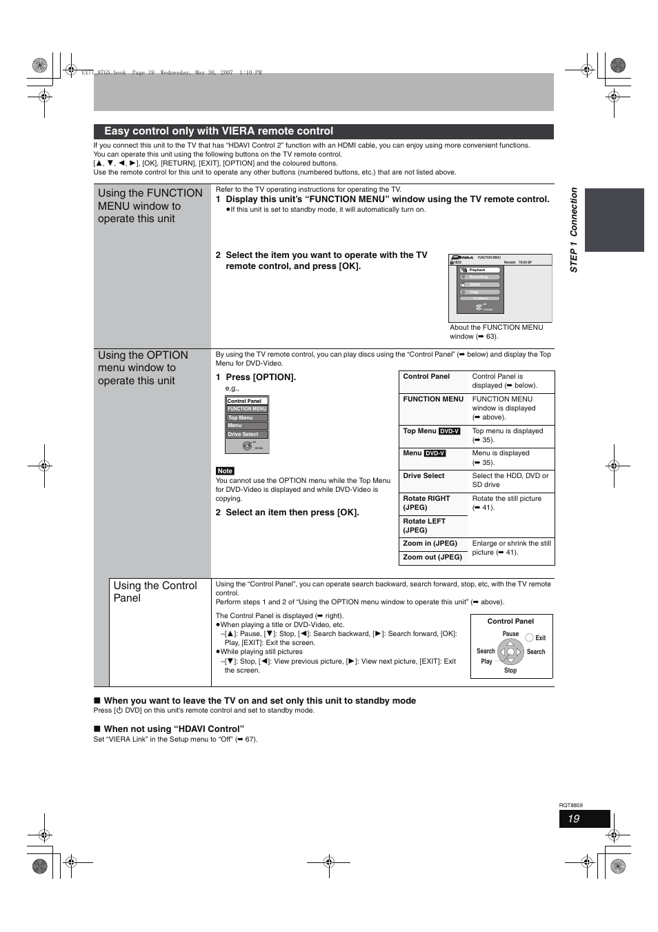 Using the option menu window to operate this unit, Using the control panel | Panasonic DMR-EX77 User Manual | Page 19 / 88