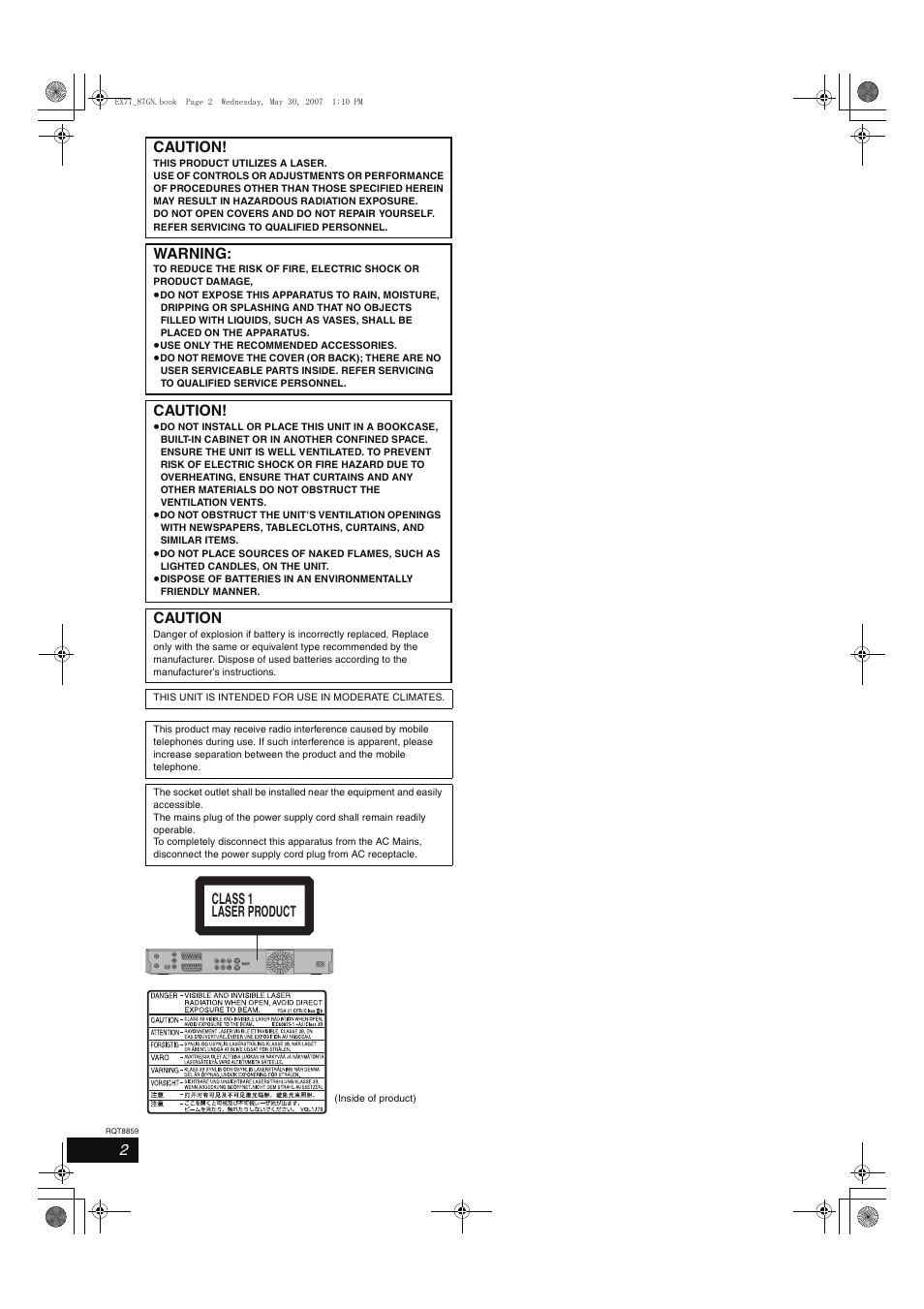 Caution, Warning, Class 1 laser product | Panasonic DMR-EX77 User Manual | Page 2 / 88