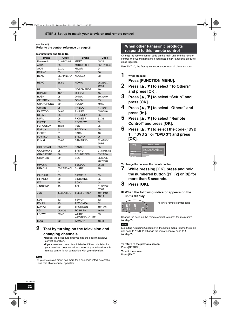 Press [function menu, Press [ 3 , 4 ] to select “setup” and press [ok, Press [ 3 , 4 ] to select “others” and press [ 1 | Press [ok | Panasonic DMR-EX77 User Manual | Page 22 / 88