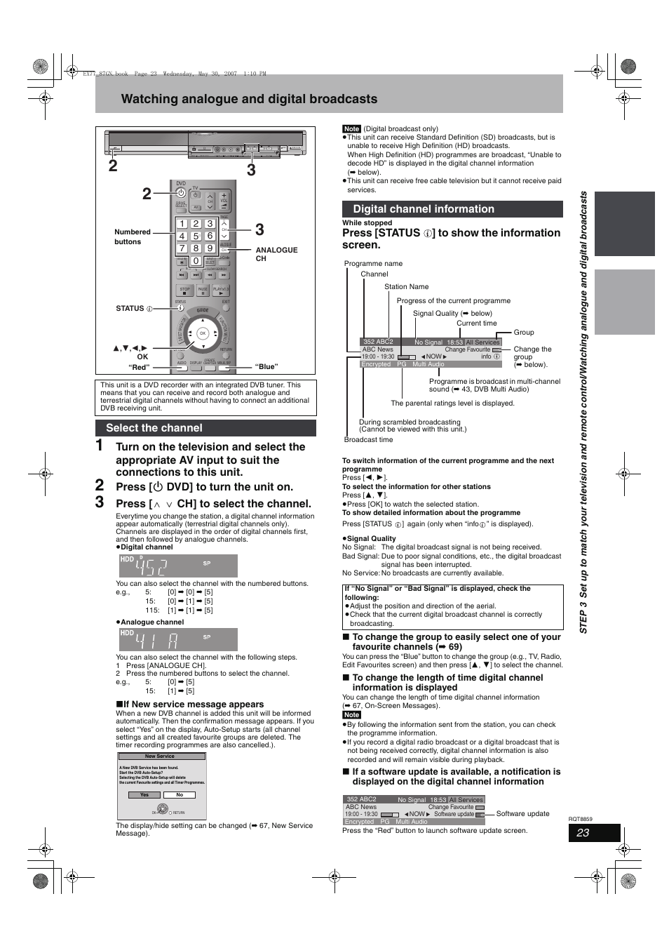 Watching analogue and digital broadcasts, Press [ í dvd] to turn the unit on, Press [ w x ch] to select the channel | Press [status ] to show the information screen, Select the channel, Digital channel information | Panasonic DMR-EX77 User Manual | Page 23 / 88