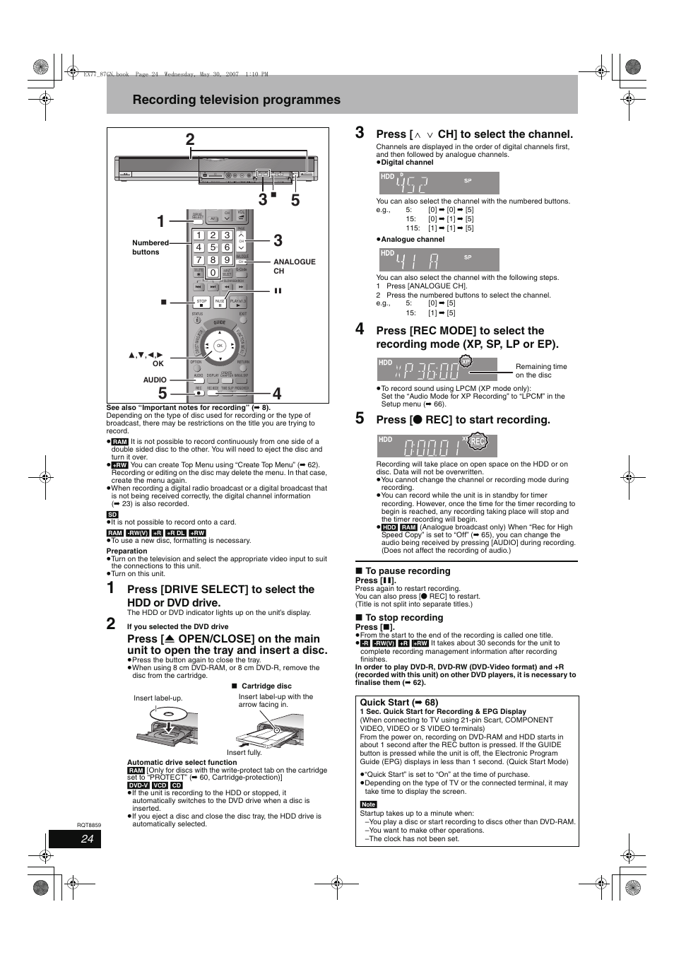 Recording television programmes, Press [ w x ch] to select the channel, Press [ ¥ rec] to start recording | Panasonic DMR-EX77 User Manual | Page 24 / 88