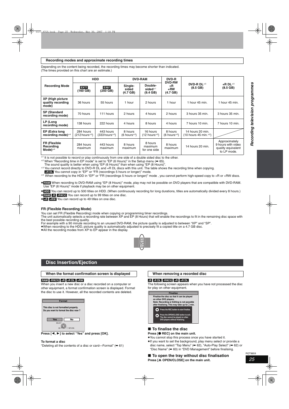 Disc insertion/ejection | Panasonic DMR-EX77 User Manual | Page 25 / 88