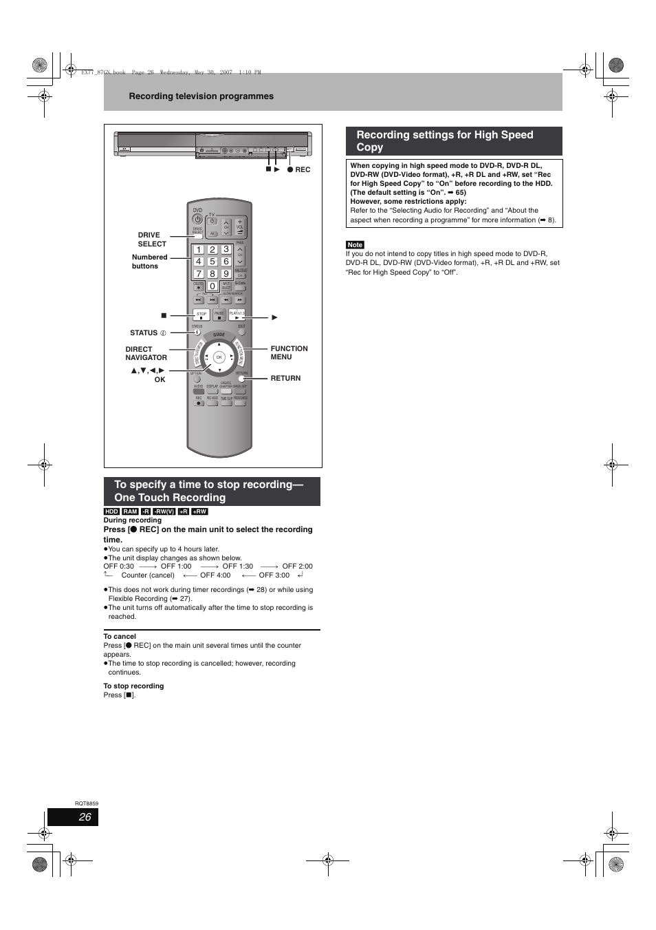 Recording settings for high speed copy, Recording television programmes | Panasonic DMR-EX77 User Manual | Page 26 / 88