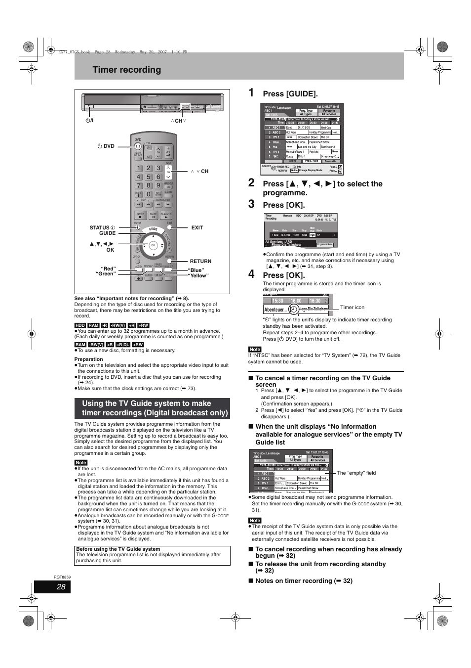 Timer recording, Press [guide, Press [ 3 , 4 , 2 , 1 ] to select the programme | Press [ok | Panasonic DMR-EX77 User Manual | Page 28 / 88