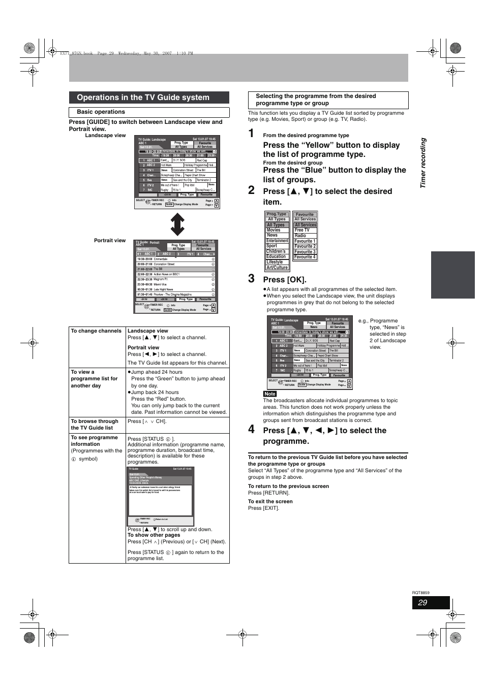 Press [ 3 , 4 ] to select the desired item, Press [ok, Press [ 3 , 4 , 2 , 1 ] to select the programme | Operations in the tv guide system, Tim e r rec o rd in g | Panasonic DMR-EX77 User Manual | Page 29 / 88