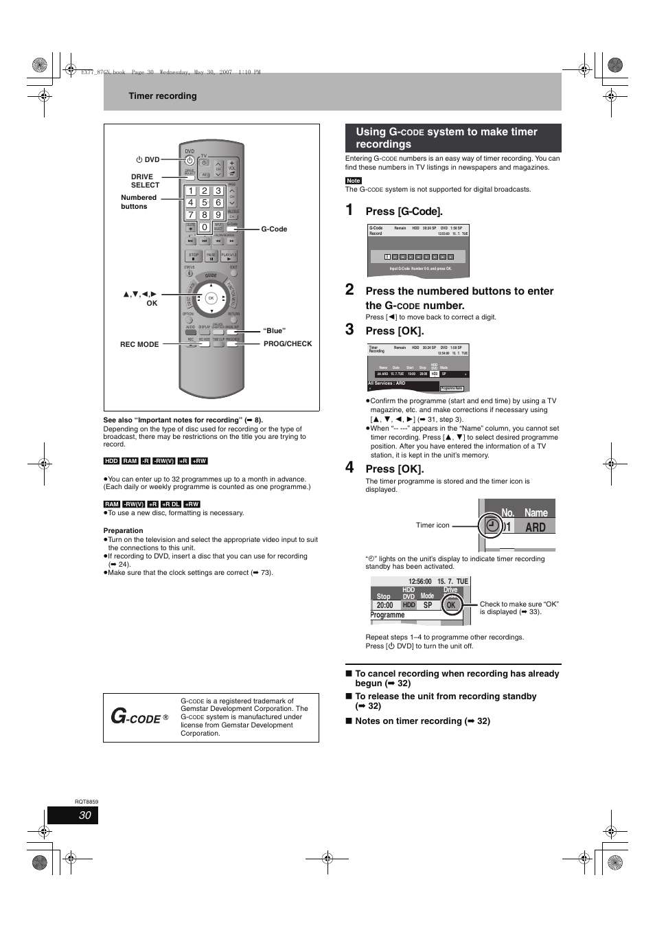 Ard 01, No. name, Press [g-code | Press the numbered buttons to enter the g, Number, Press [ok, Using g, System to make timer recordings, Timer recording | Panasonic DMR-EX77 User Manual | Page 30 / 88