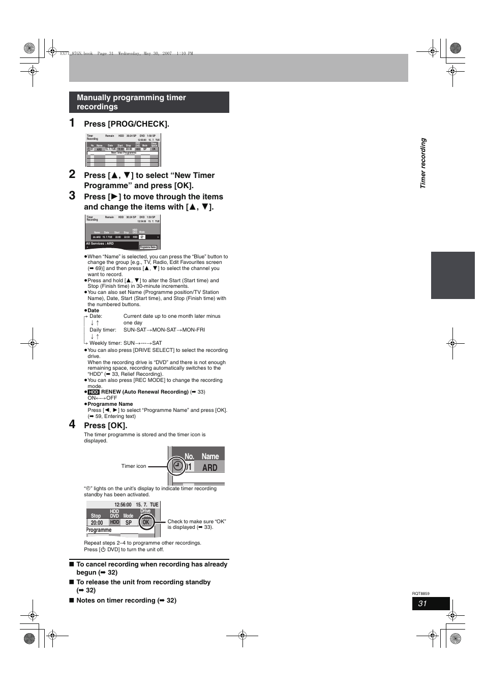 Ard 01, No. name, Press [prog/check | Press [ok, Manually programming timer recordings | Panasonic DMR-EX77 User Manual | Page 31 / 88