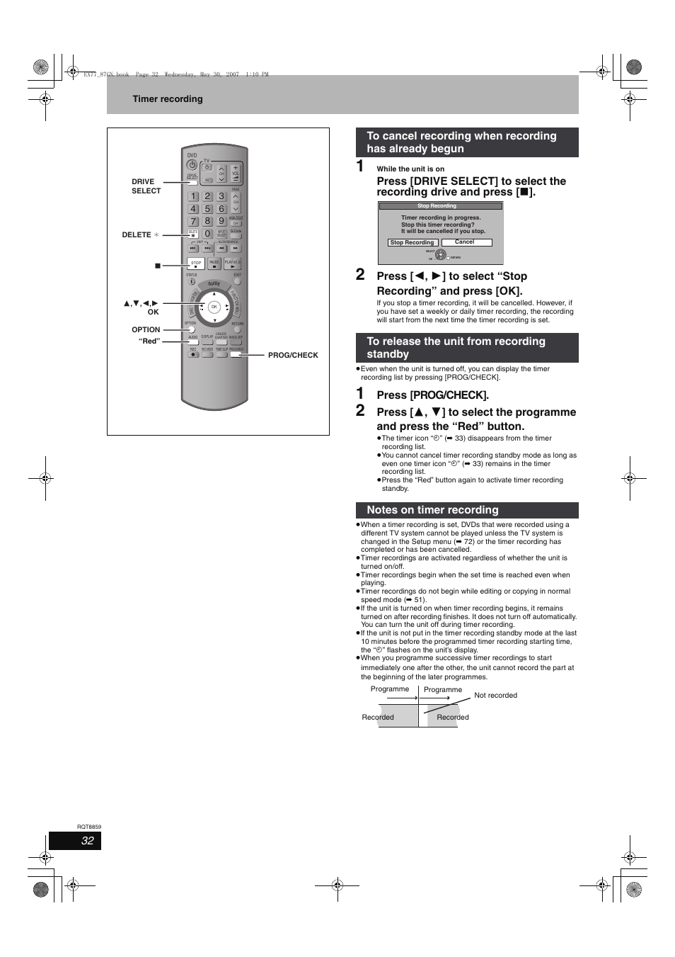 Press [prog/check, Timer recording | Panasonic DMR-EX77 User Manual | Page 32 / 88