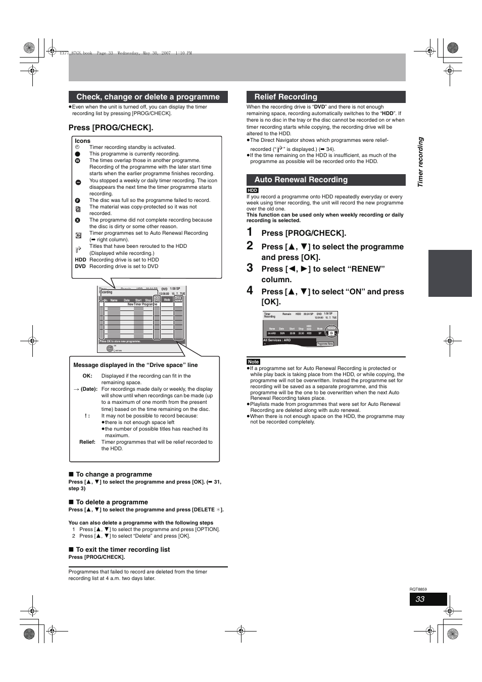 Press [prog/check, Press [ 2 , 1 ] to select “renew” column, Press [ 3 , 4 ] to select “on” and press [ok | Check, change or delete a programme, Relief recording auto renewal recording | Panasonic DMR-EX77 User Manual | Page 33 / 88