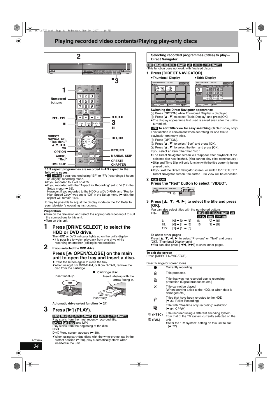 Press [ 1 ] (play), 1 press [direct navigator | Panasonic DMR-EX77 User Manual | Page 34 / 88