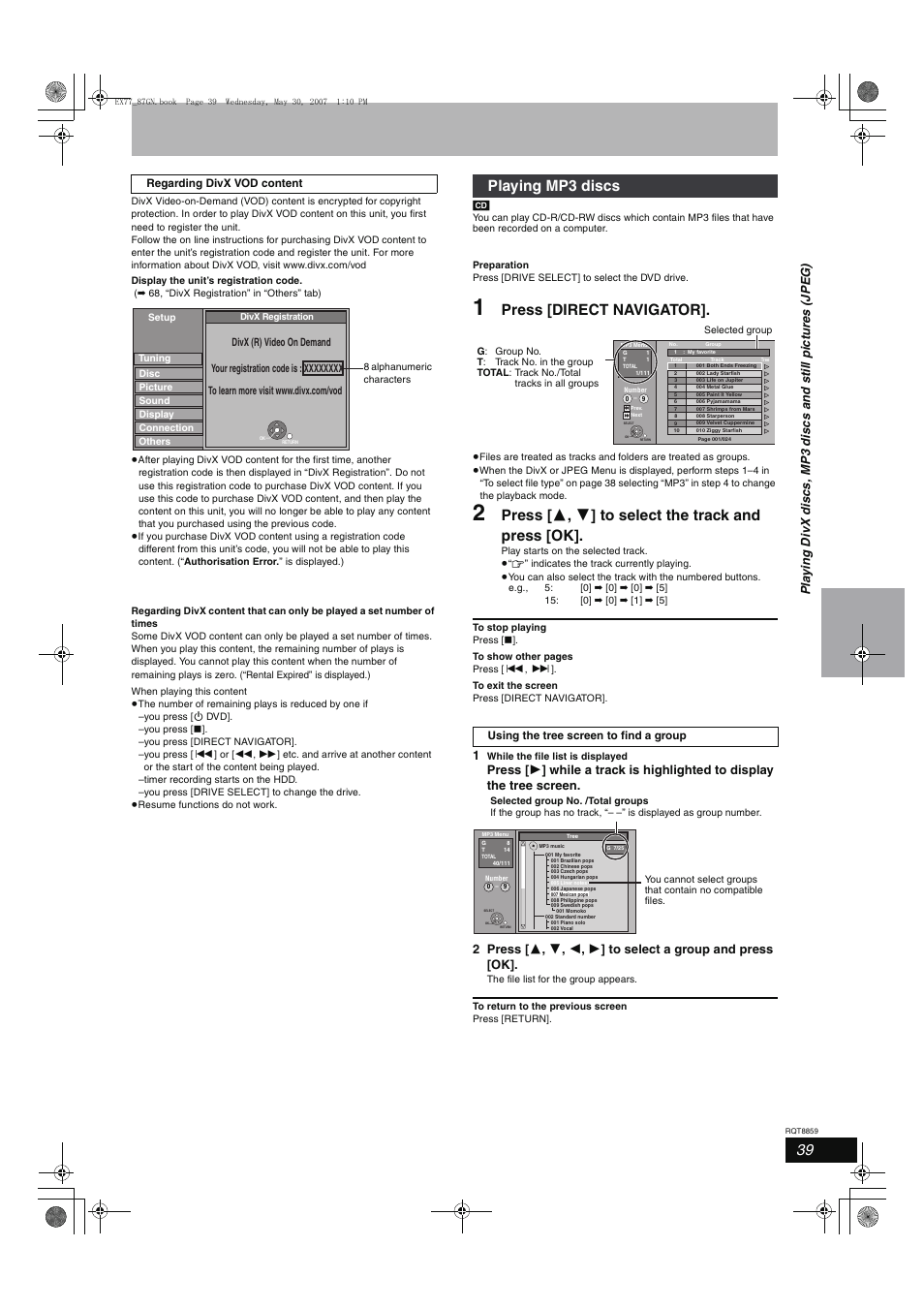 Press [direct navigator, Press [ 3 , 4 ] to select the track and press [ok, Playing mp3 discs | Panasonic DMR-EX77 User Manual | Page 39 / 88