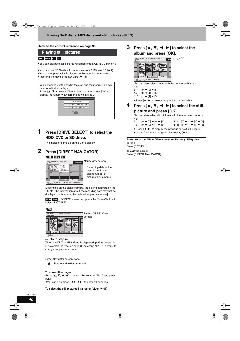 Press [direct navigator, Playing still pictures | Panasonic DMR-EX77 User Manual | Page 40 / 88