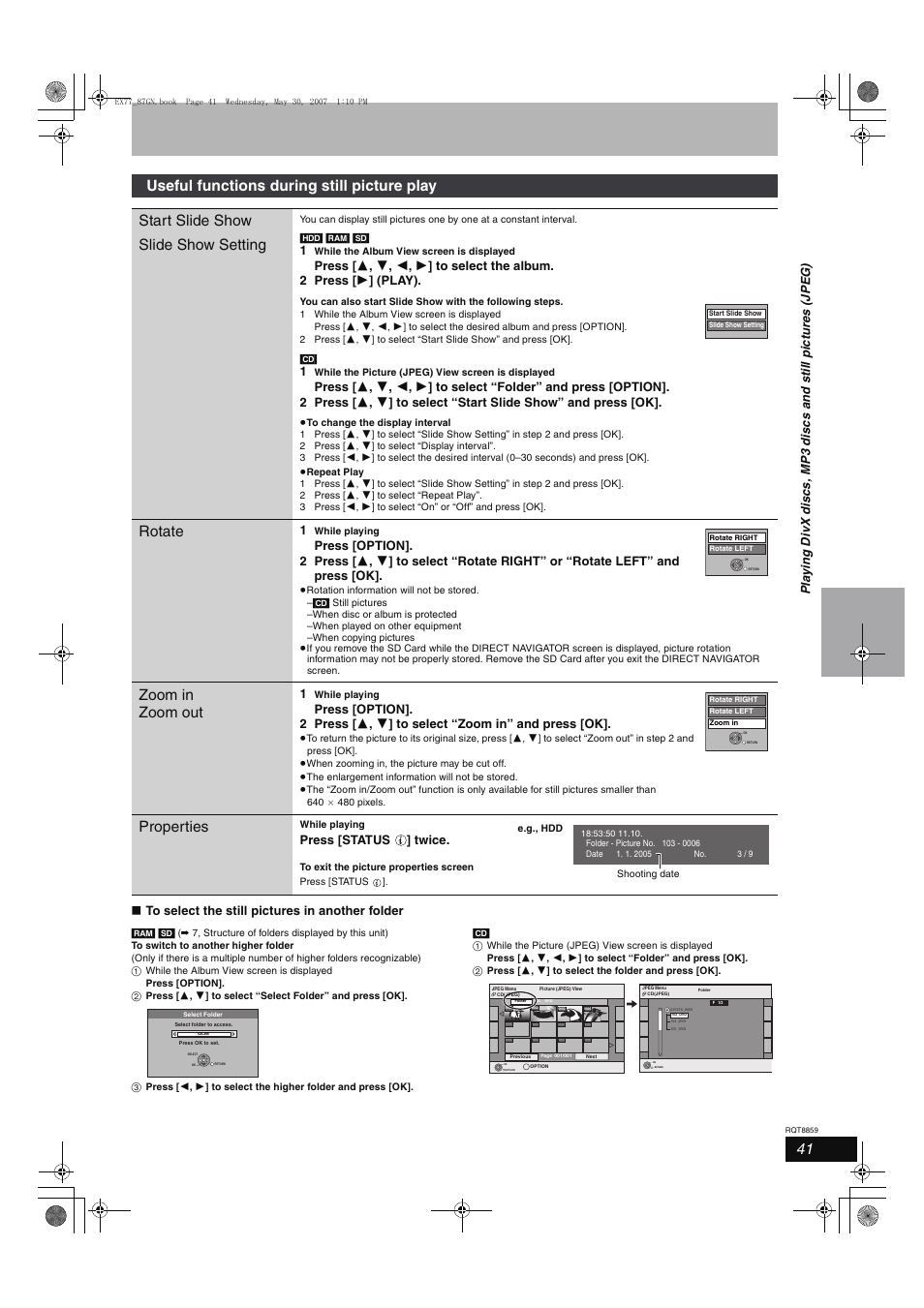 Rotate, Zoom in zoom out, Properties | Press [status ] twice | Panasonic DMR-EX77 User Manual | Page 41 / 88