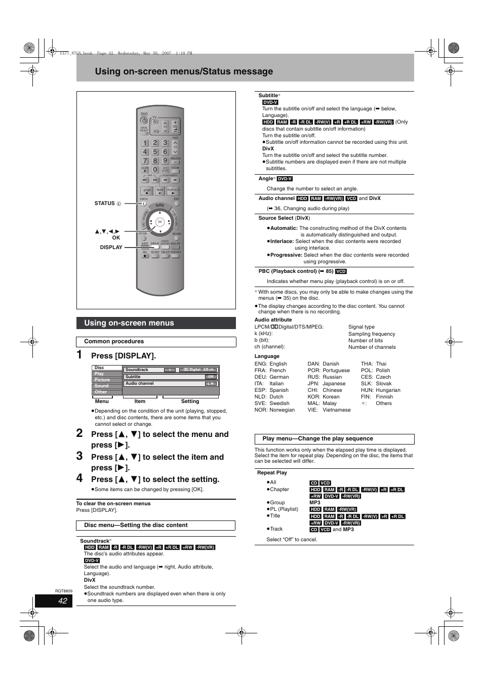 Using on-screen menus/status message, Press [display, Press [ 3 , 4 ] to select the menu and press [ 1 | Press [ 3 , 4 ] to select the item and press [ 1, Press [ 3 , 4 ] to select the setting, Using on-screen menus | Panasonic DMR-EX77 User Manual | Page 42 / 88