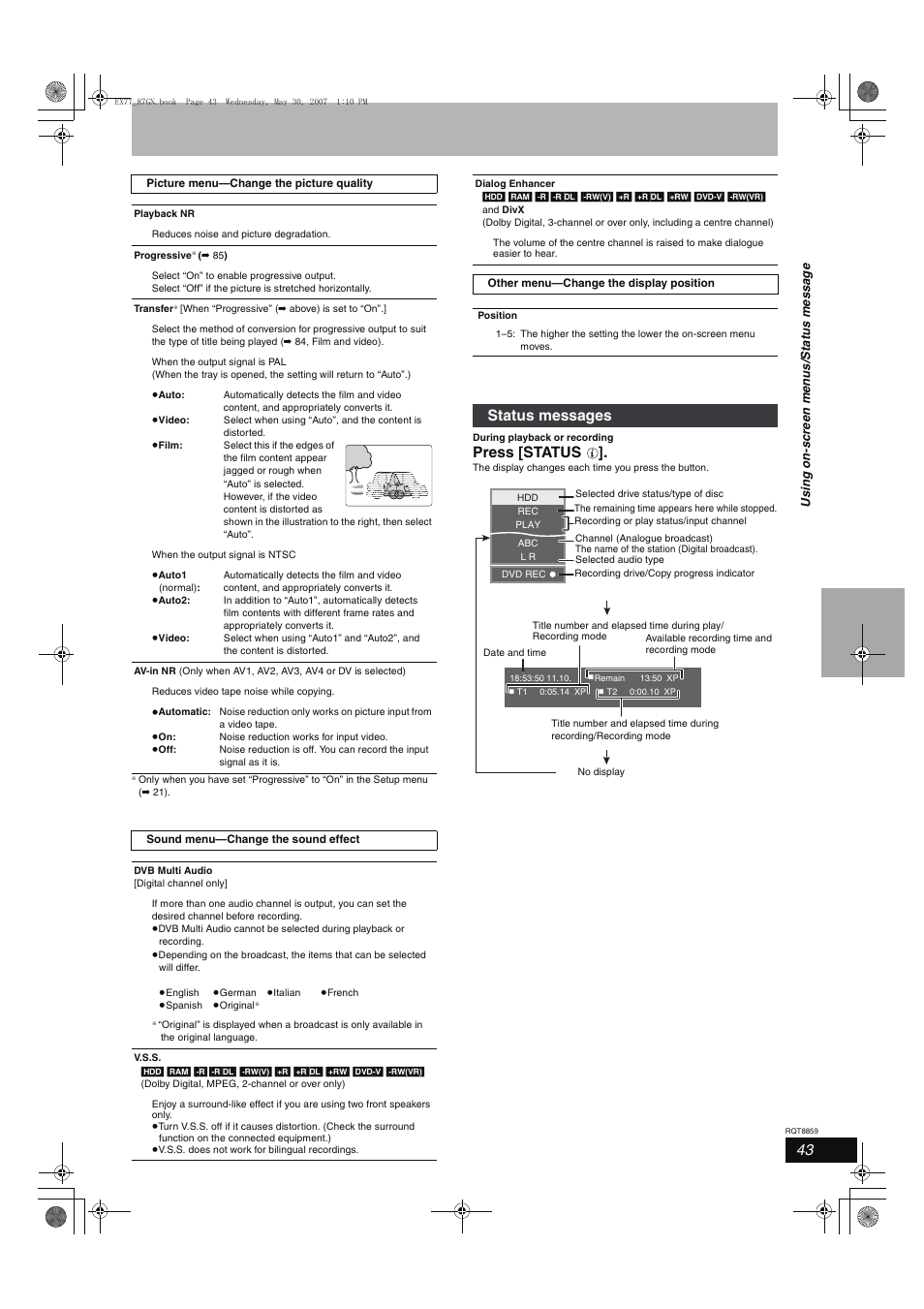 Press [status, Status messages | Panasonic DMR-EX77 User Manual | Page 43 / 88