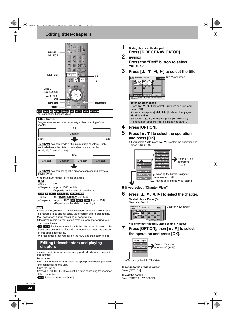 Editing titles/chapters, Press [direct navigator, Press the “red” button to select “video | Press [ 3 , 4 , 2 , 1 ] to select the title, Press [option, Press [ 3 , 4 , 2 , 1 ] to select the chapter, Editing titles/chapters and playing chapters, If you select “chapter view | Panasonic DMR-EX77 User Manual | Page 44 / 88