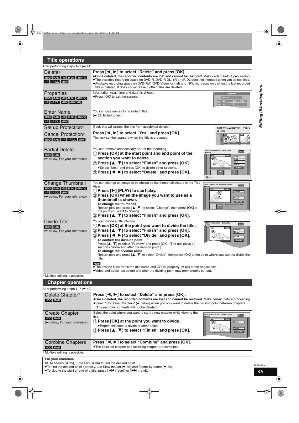 Title operations delete, Properties, Enter name | Set up protection, Cancel protection, Partial delete, Change thumbnail, Divide title, Chapter operations delete chapter, Create chapter | Panasonic DMR-EX77 User Manual | Page 45 / 88