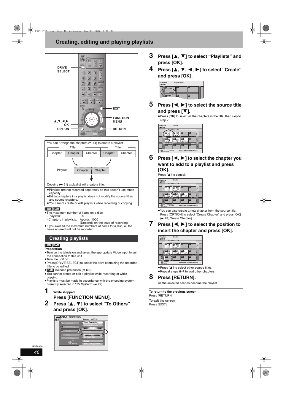 Creating, editing and playing playlists, Press [function menu, Press [return | Creating playlists | Panasonic DMR-EX77 User Manual | Page 46 / 88