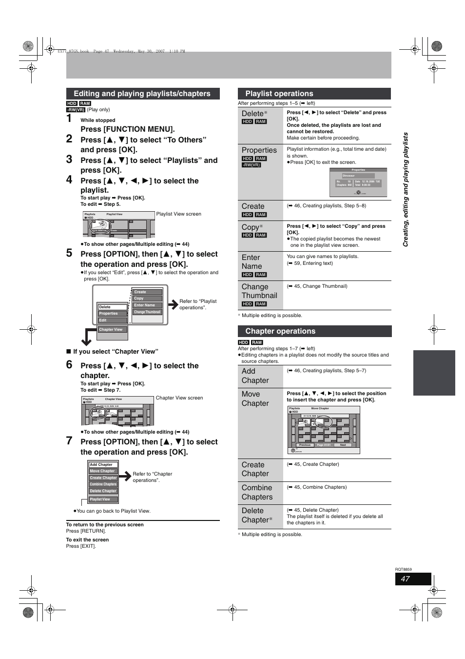 Press [function menu, Press [ 3 , 4 , 2 , 1 ] to select the playlist, Press [ 3 , 4 , 2 , 1 ] to select the chapter | Editing and playing playlists/chapters, Playlist operations delete, Properties, Create, Copy, Enter name, Change thumbnail | Panasonic DMR-EX77 User Manual | Page 47 / 88