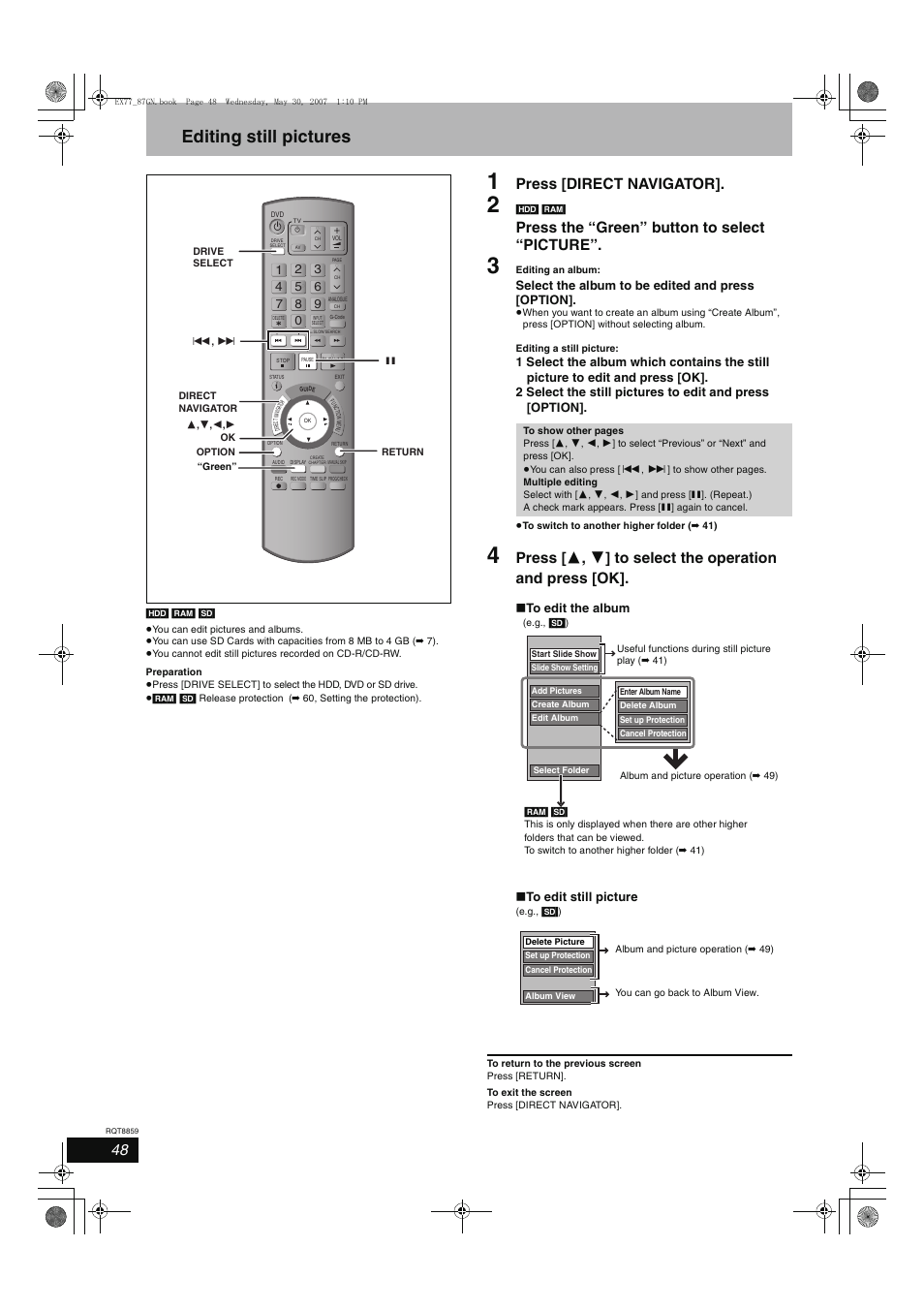 Editing still pictures, Press [direct navigator, Press the “green” button to select “picture | Select the album to be edited and press [option | Panasonic DMR-EX77 User Manual | Page 48 / 88