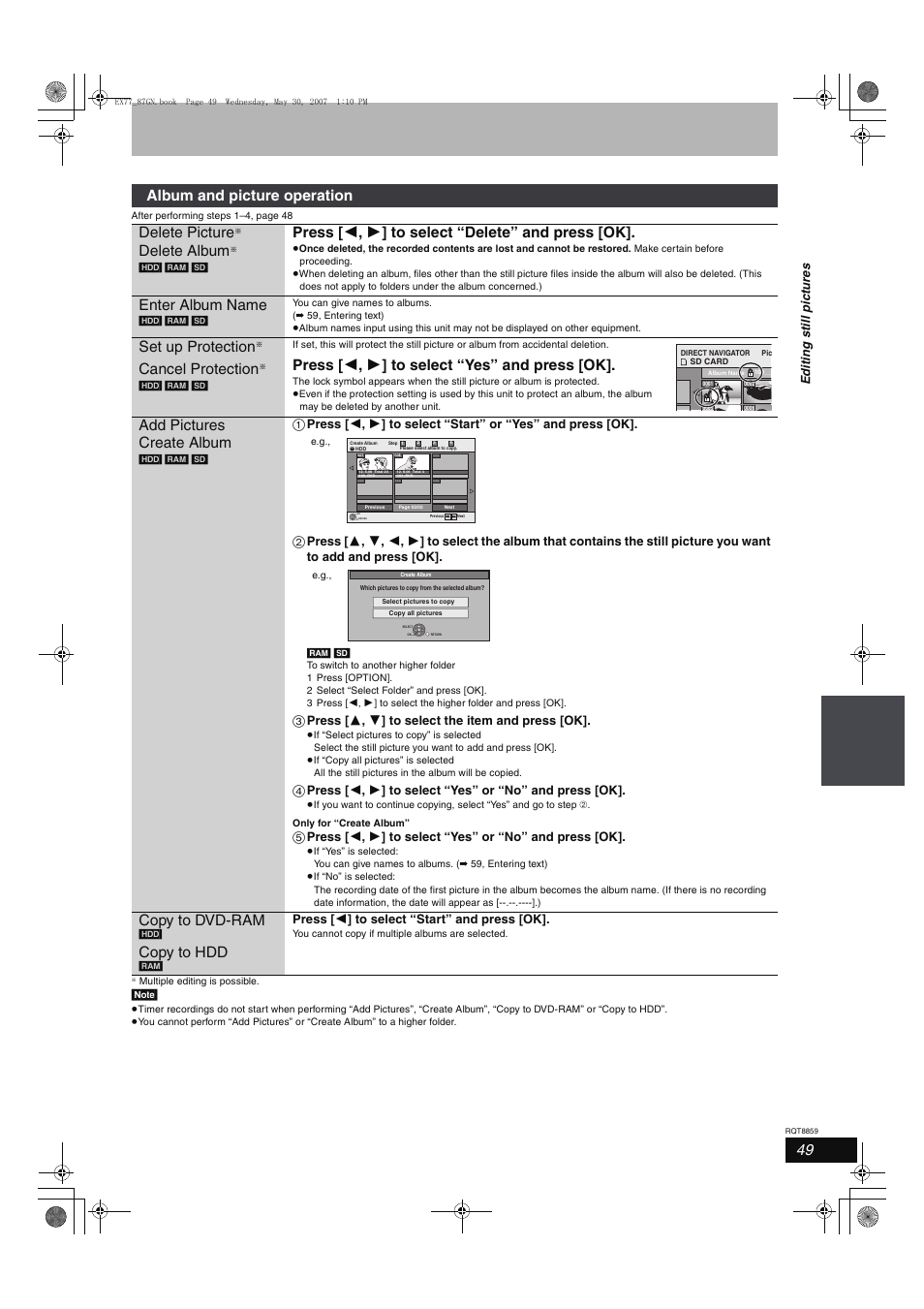 Album and picture operation delete picture, Delete album, Press [ 2 , 1 ] to select “delete” and press [ok | Enter album name, Set up protection, Cancel protection, Press [ 2 , 1 ] to select “yes” and press [ok, Add pictures create album, Copy to dvd-ram, Copy to hdd | Panasonic DMR-EX77 User Manual | Page 49 / 88