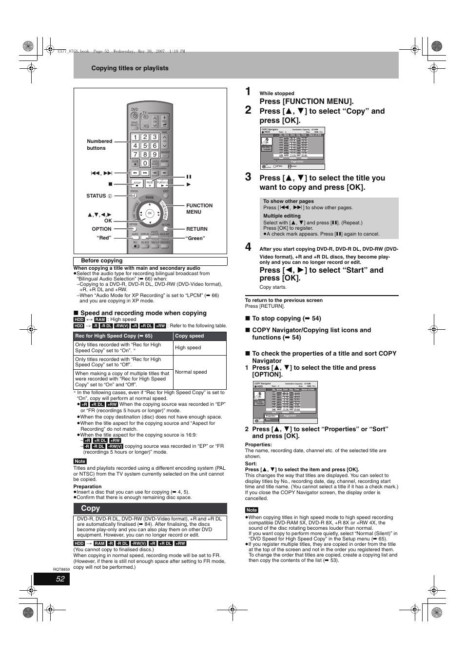 Press [function menu, Press [ 3 , 4 ] to select “copy” and press [ok, Press [ 2 , 1 ] to select “start” and press [ok | Copy, Copying titles or playlists, Speed and recording mode when copying | Panasonic DMR-EX77 User Manual | Page 52 / 88