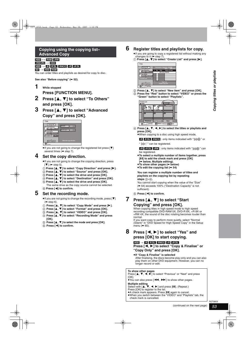 Press [function menu, Set the copy direction, Set the recording mode | Register titles and playlists for copy, Copying using the copying list– advanced copy, Cop y ing title s or pla y li s ts | Panasonic DMR-EX77 User Manual | Page 53 / 88