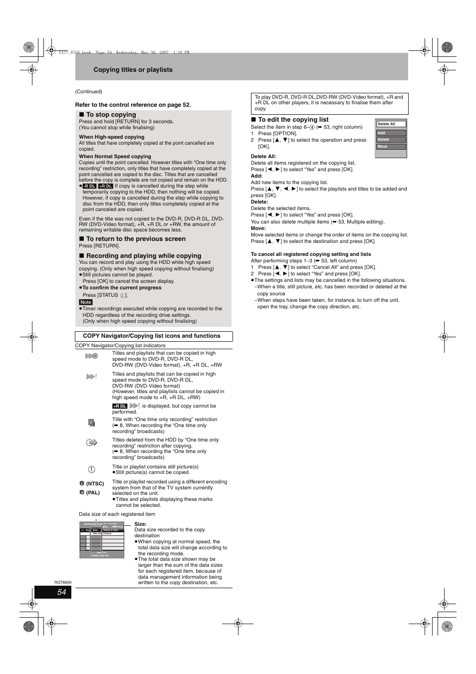 Copying titles or playlists, Recording and playing while copying | Panasonic DMR-EX77 User Manual | Page 54 / 88