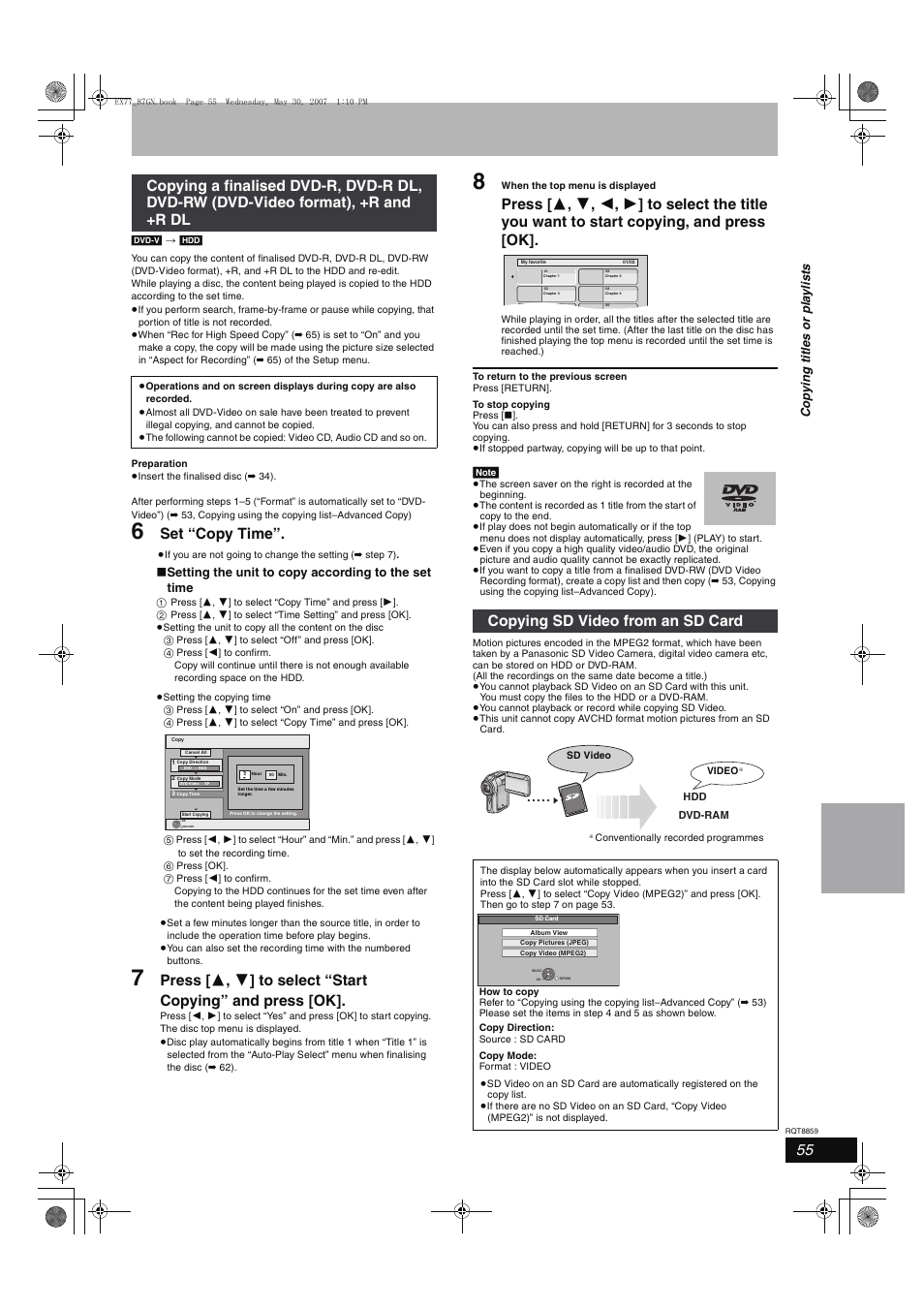 Set “copy time, Copying sd video from an sd card, Setting the unit to copy according to the set time | Cop y ing title s or pla y li s ts | Panasonic DMR-EX77 User Manual | Page 55 / 88