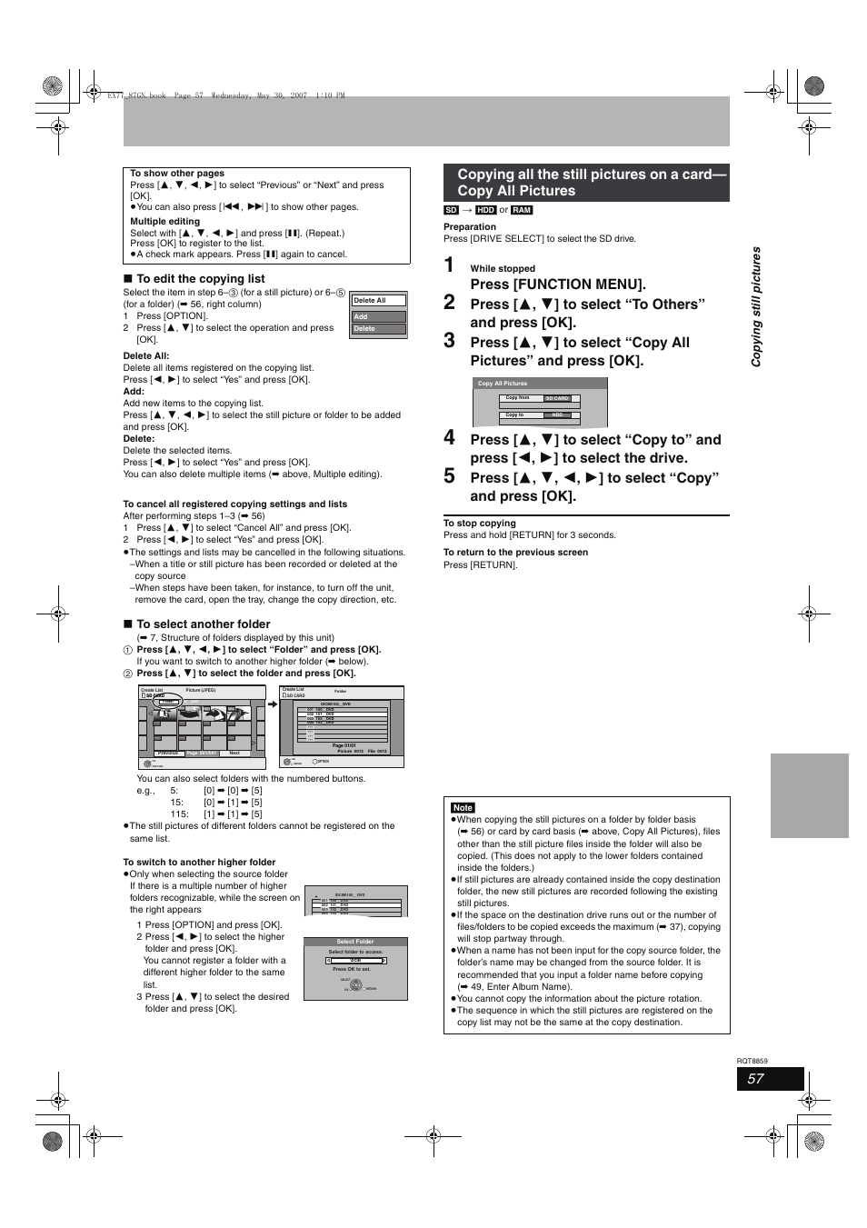 Press [function menu, Cop y ing s ti ll pic tur e s | Panasonic DMR-EX77 User Manual | Page 57 / 88