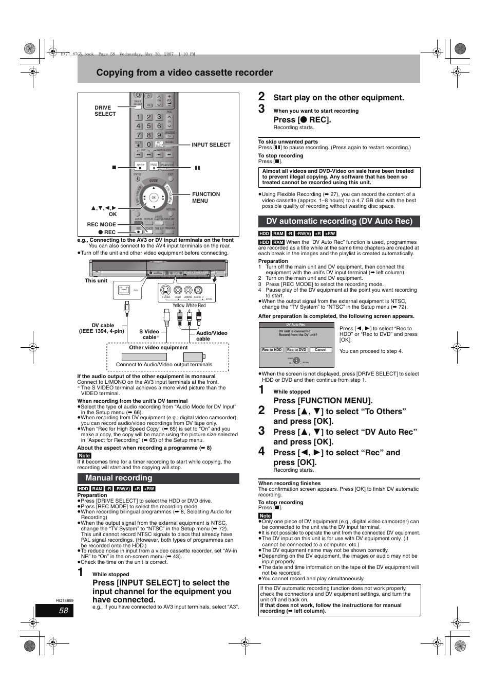 Copying from a video cassette recorder, Start play on the other equipment, Press [ ¥ rec | Press [function menu, Press [ 2 , 1 ] to select “rec” and press [ok, Manual recording, Dv automatic recording (dv auto rec) | Panasonic DMR-EX77 User Manual | Page 58 / 88