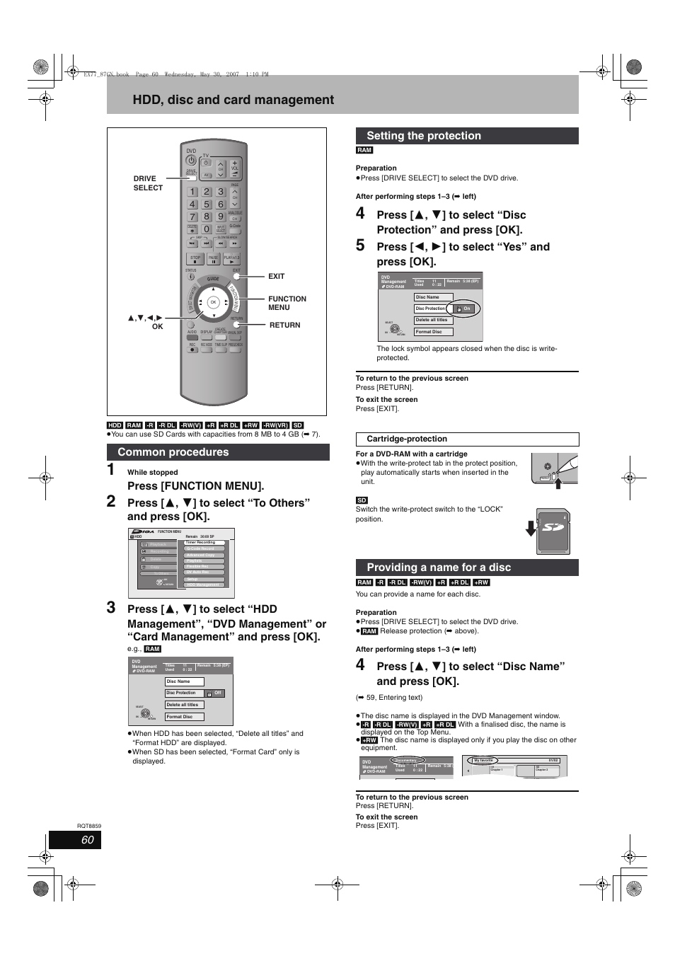 Hdd, disc and card management, Press [function menu, Press [ 2 , 1 ] to select “yes” and press [ok | Common procedures, Setting the protection, Providing a name for a disc | Panasonic DMR-EX77 User Manual | Page 60 / 88