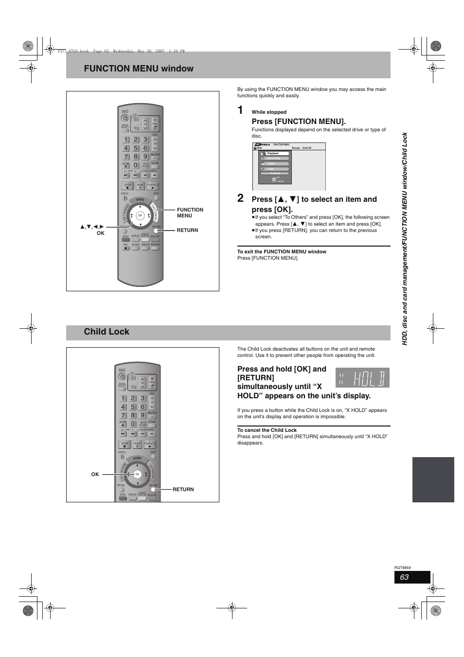 Function menu window, Child lock, Press [function menu | Press [ 3 , 4 ] to select an item and press [ok | Panasonic DMR-EX77 User Manual | Page 63 / 88