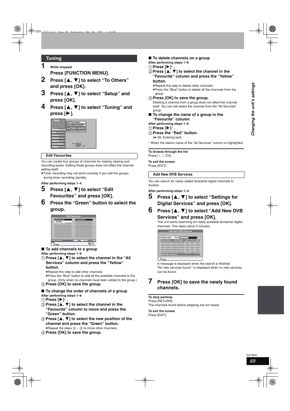 Press [function menu, Press [ 3 , 4 ] to select “setup” and press [ok, Press [ 3 , 4 ] to select “tuning” and press [ 1 | Press the “green” button to select the group, Press [ok] to save the newly found channels, Tuning | Panasonic DMR-EX77 User Manual | Page 69 / 88