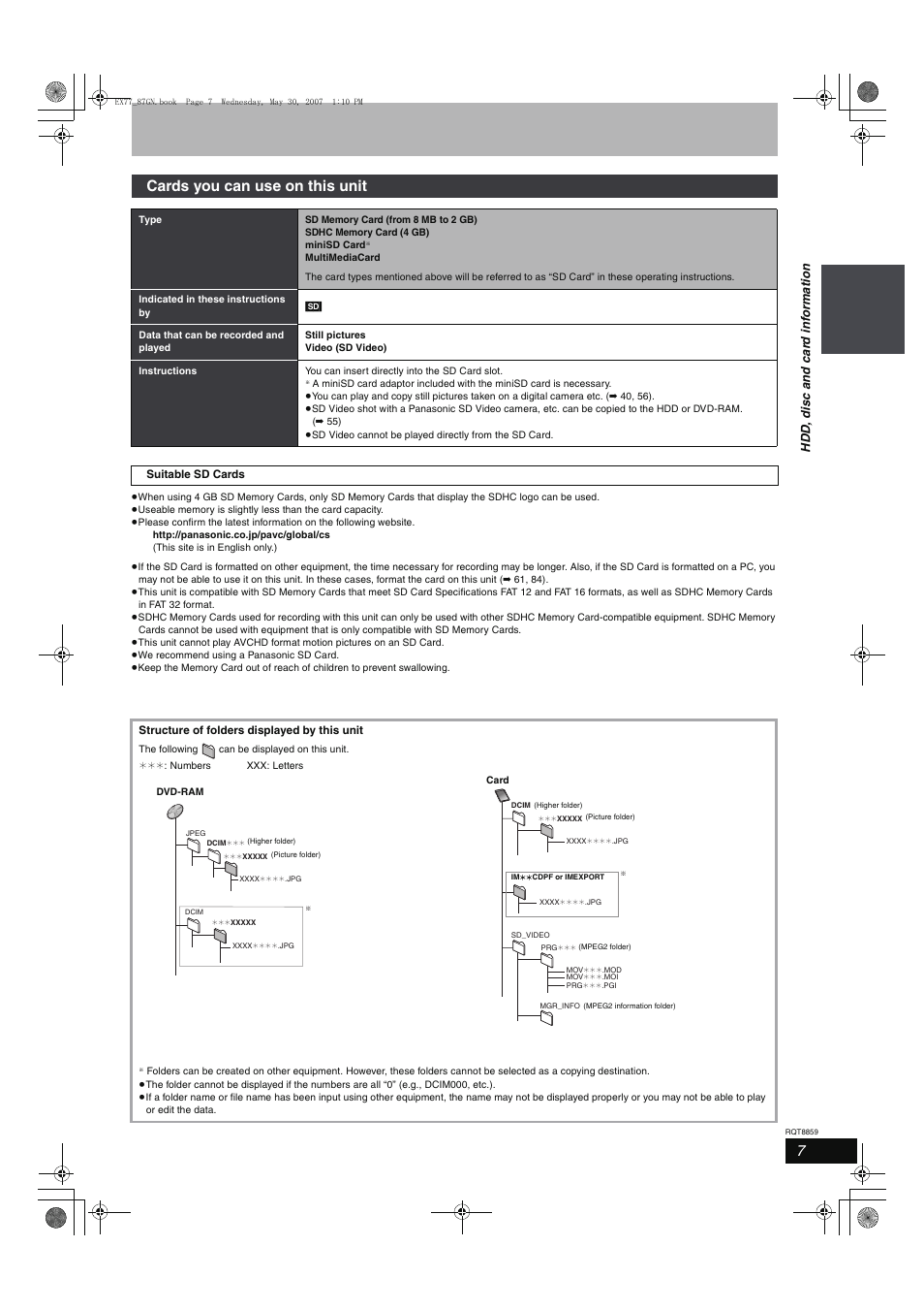 Cards you can use on this unit, Hdd , dis c and c a rd inf o rmat ion | Panasonic DMR-EX77 User Manual | Page 7 / 88