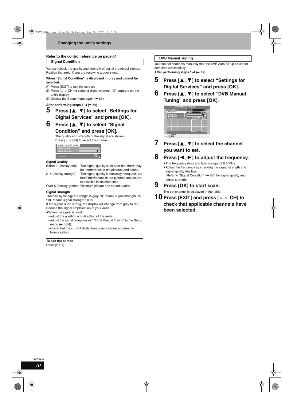 Press [ 2 , 1 ] to adjust the frequency, Press [ok] to start scan | Panasonic DMR-EX77 User Manual | Page 70 / 88