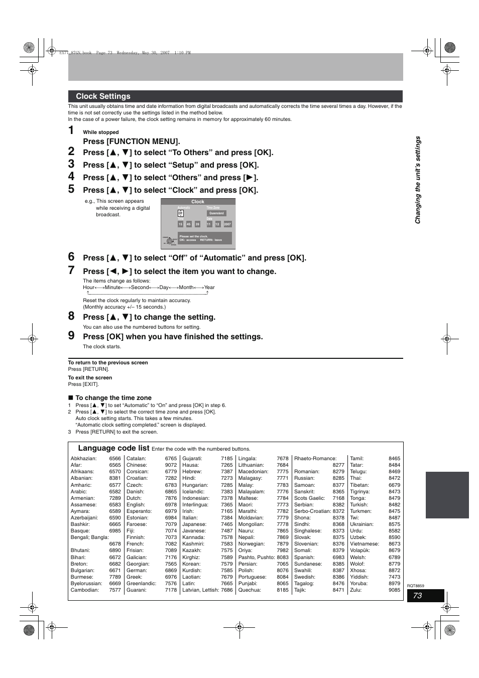 Press [function menu, Press [ 3 , 4 ] to select “setup” and press [ok, Press [ 3 , 4 ] to select “others” and press [ 1 | Press [ 3 , 4 ] to select “clock” and press [ok, Press [ 3 , 4 ] to change the setting, Press [ok] when you have finished the settings, Clock settings, Language code list | Panasonic DMR-EX77 User Manual | Page 73 / 88