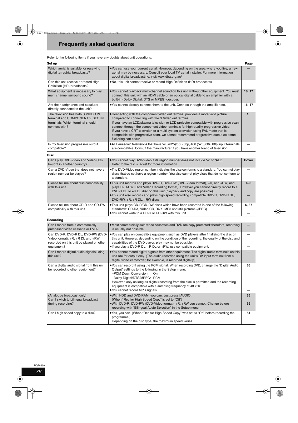 Frequently asked questions | Panasonic DMR-EX77 User Manual | Page 76 / 88