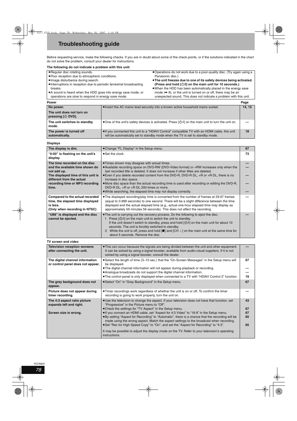 Troubleshooting guide | Panasonic DMR-EX77 User Manual | Page 78 / 88