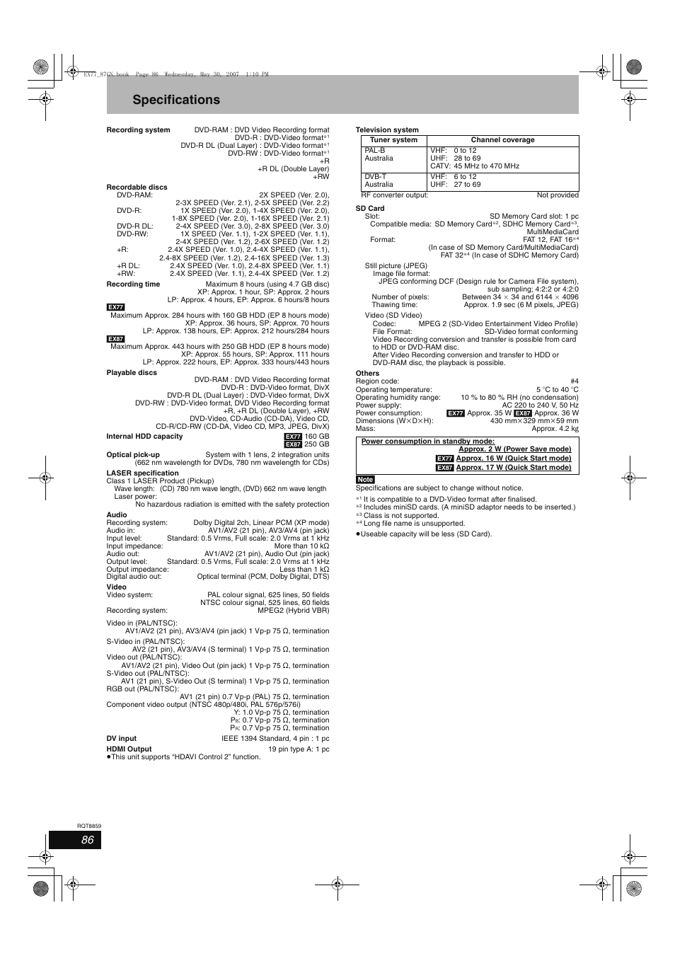 Specifications | Panasonic DMR-EX77 User Manual | Page 86 / 88