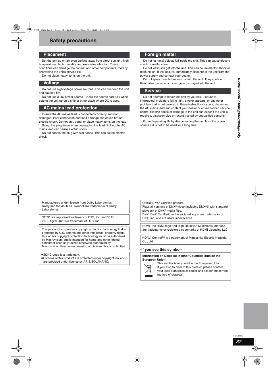 Safety precautions | Panasonic DMR-EX77 User Manual | Page 87 / 88