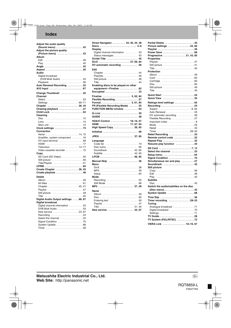 Index | Panasonic DMR-EX77 User Manual | Page 88 / 88