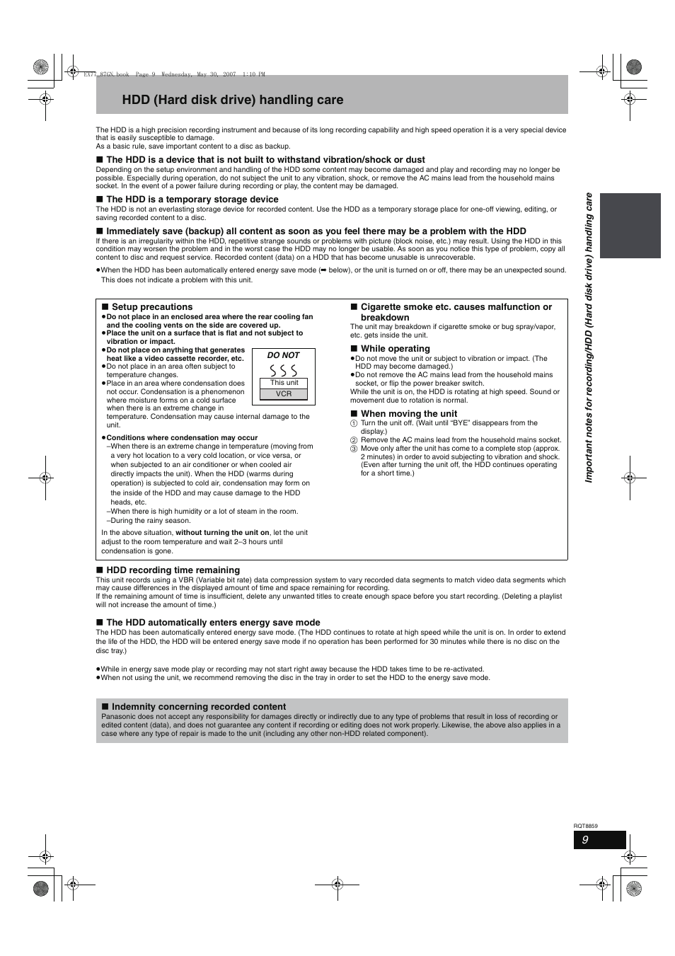 Hdd (hard disk drive) handling care | Panasonic DMR-EX77 User Manual | Page 9 / 88