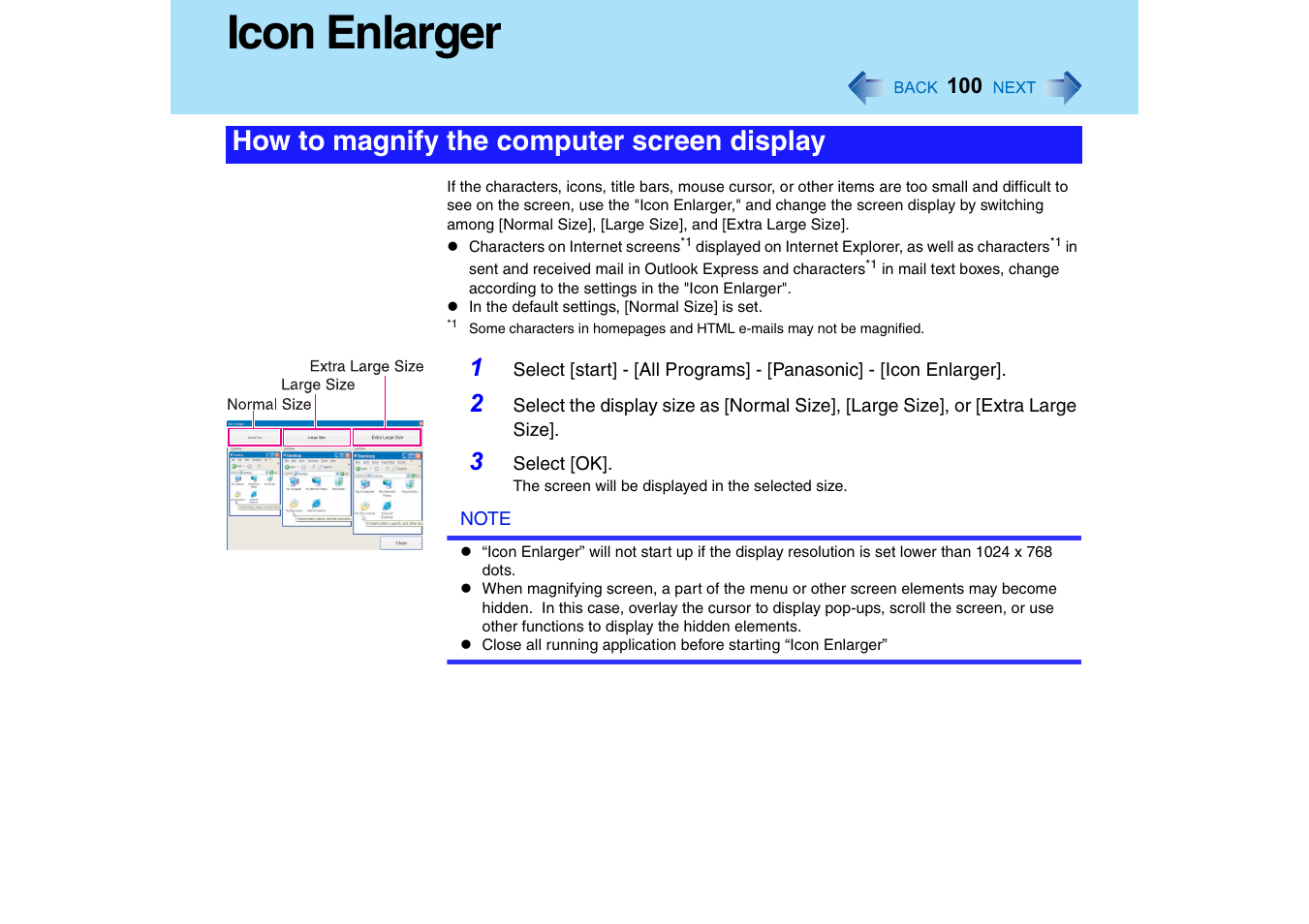 Icon enlarger, How to magnify the computer screen display | Panasonic CF-18 User Manual | Page 100 / 130