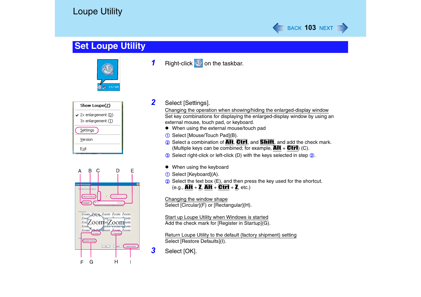 Loupe utility, Set loupe utility | Panasonic CF-18 User Manual | Page 103 / 130