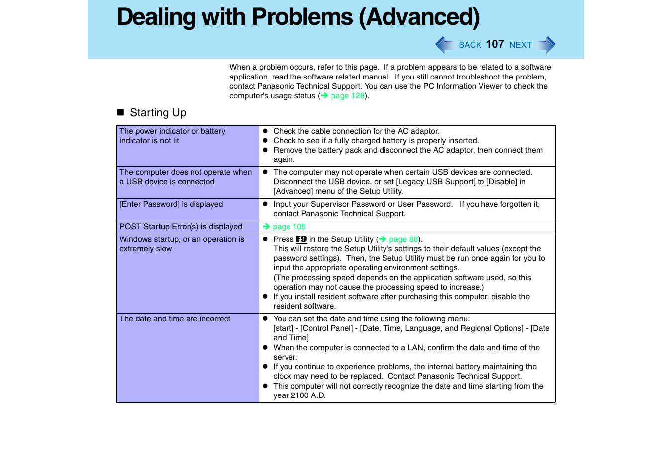 Dealing with problems (advanced), Starting up | Panasonic CF-18 User Manual | Page 107 / 130