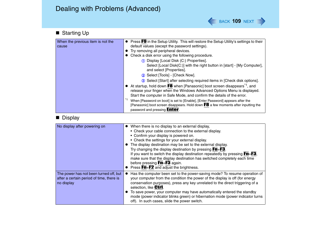Display, Dealing with problems (advanced), Starting up | Panasonic CF-18 User Manual | Page 109 / 130