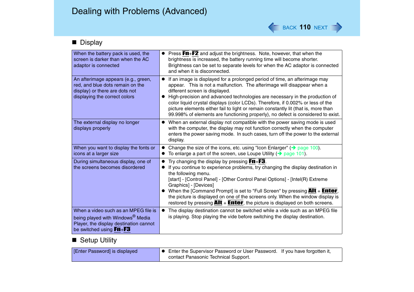Setup utility, Dealing with problems (advanced), Display | Panasonic CF-18 User Manual | Page 110 / 130
