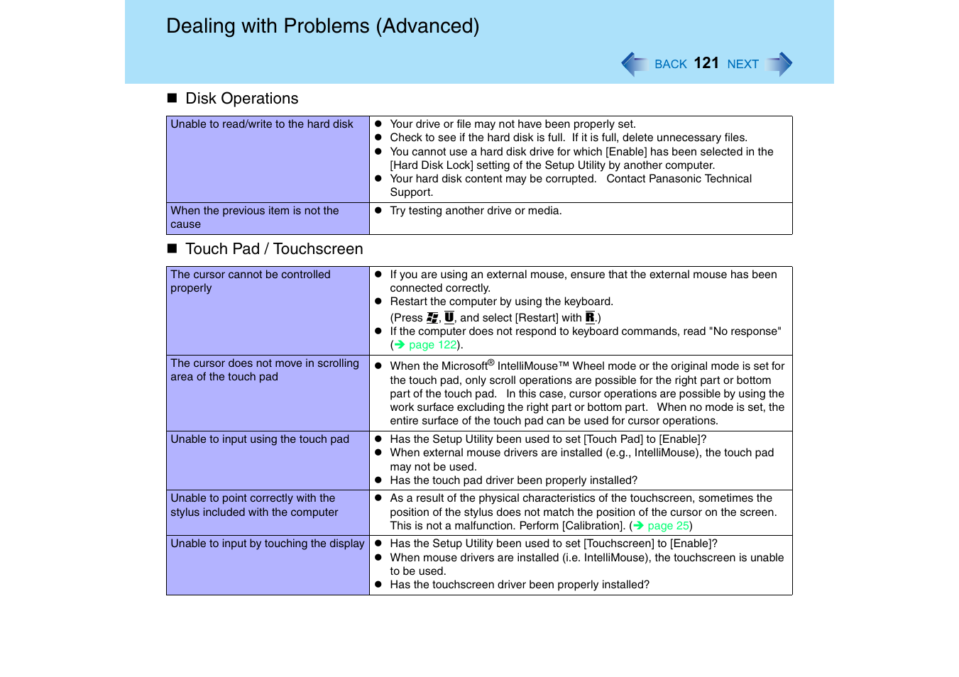 Touch pad / touchscreen, Dealing with problems (advanced) | Panasonic CF-18 User Manual | Page 121 / 130